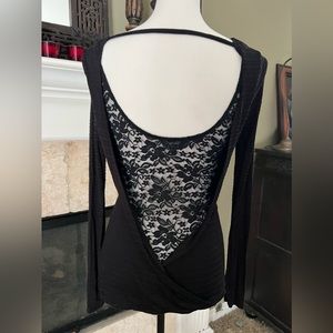 GUESS black tunic front-draped top with lace and overlay back, XS